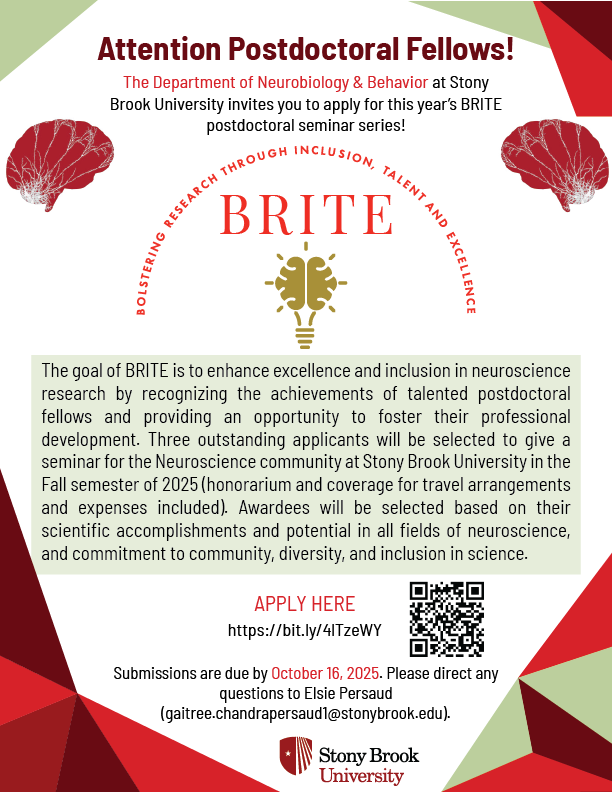 SBUNeurobiology's tweet image. We are excited to announce that applications for this year's BRITE seminar series are now open!  Access the application here: bit.ly/4lTzeWY
