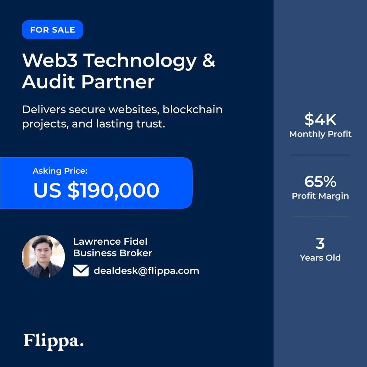 𝐅𝐨𝐫 𝐒𝐚𝐥𝐞: $𝟏𝟗𝟎,𝟎𝟎𝟎 🔒 3-year blockchain dev + audit company 💵  $4,161/mo profit | 📊 65% margins 🌍 3,000+ audits & 1,000+ sites delivered  Trusted global leader in web3 services 🚀 👉 https://t.co/gyKrMAljRN  #BlockchainBusiness #Crypto ...