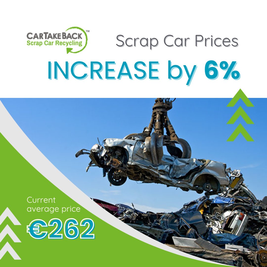 CarTakeBackIE's tweet image. Looking to scrap your car? It could be a good time! - The average price has just gone up 6% to €262 🚙 💶 Your car may be worth more depending on brand, size &amp;amp; location!
Find out more: cartakeback.ie/scrap-car-pric…