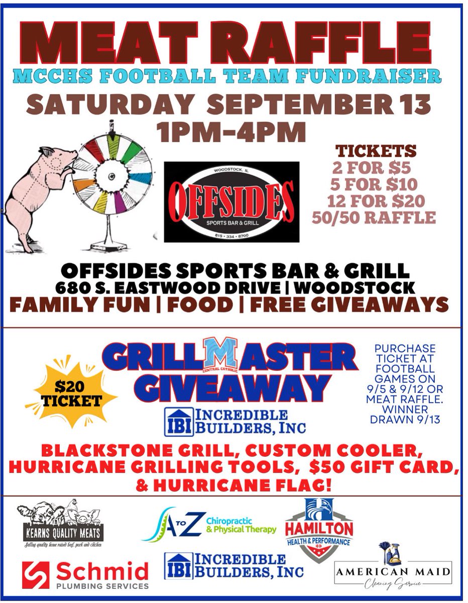 🏈4th annual Marian Central Catholic Football Team Meet Raffle
📍 Offside’s Sports Bar &amp; Grill
📅 Saturday, September 13
⏰ 1–4 PM

✨ What’s happening:
🍔Delicious food &amp; drinks
🐖 Free giveaways throughout the day
🐄Raffle with meat packages to win
🥩PLUS Grill Master Giveaway