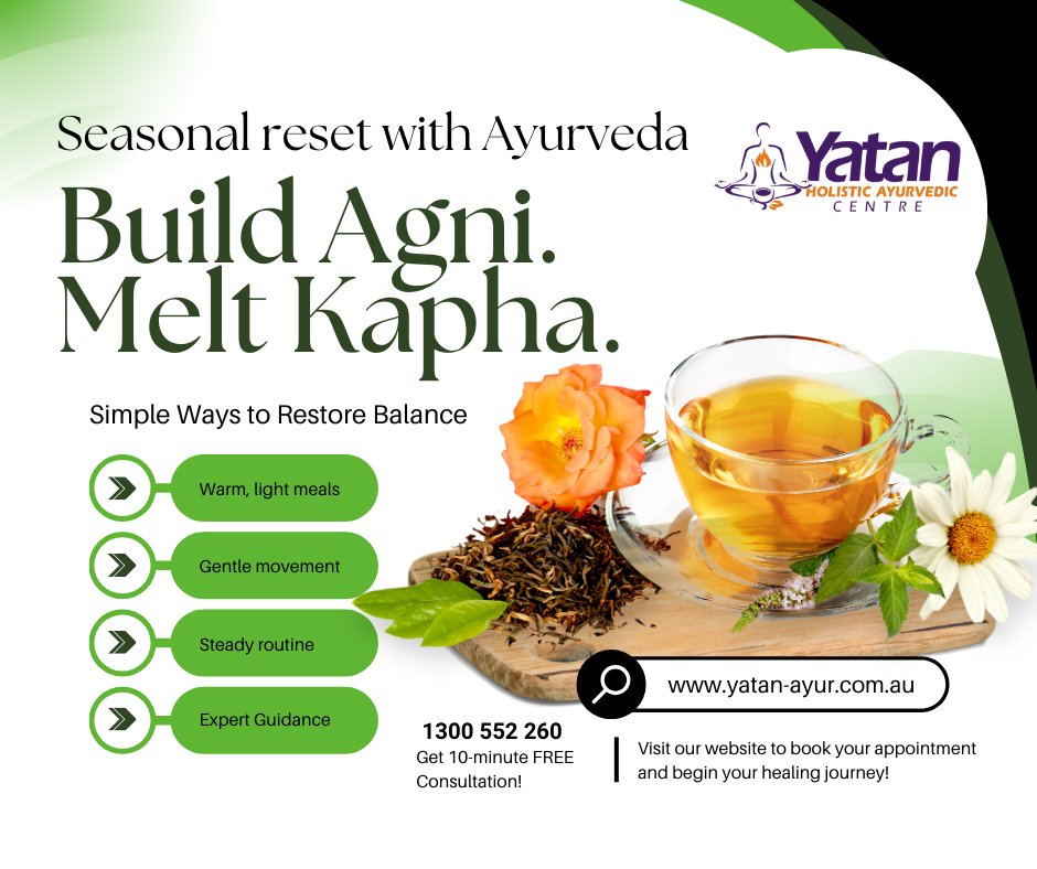YatanAyurveda's tweet image. “Seasonal changes affect more than just the weather.”
📍 Book your Ayurvedic seasonal check-in today.
yatan-ayur.com.au | 1300 552 260

#AyurvedaSydney #SpringWellness #HolisticLiving #AyurvedaTips #SydneyAustralia