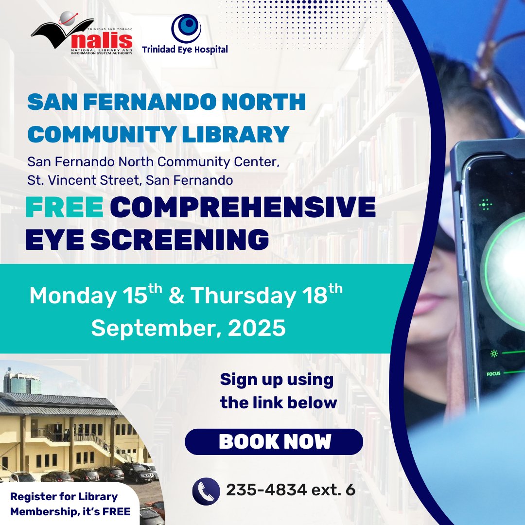 Free Eye Screenings at NALIS Libraries this September! 
See the locations for September below:
Couva Public Library
Point Fortin Public Library
San Fernando Public Library
It’s completely free—but you must register here: forms.gle/ofi5R5hTstjhfT…