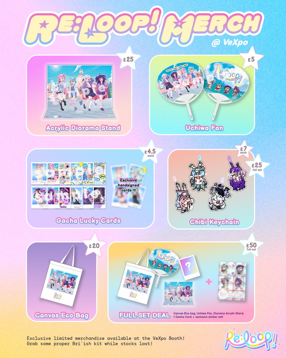 ReLoopVirtual's tweet image. ✨Proper Bri'ish Merch is sailing into #VeXpo✨
Check out Re:Loop!'s first official merch drop! With exclusive acrylics, signed gacha cards, totes, keychains, and more: there's a lot to love!
Grab an exclusive sticker sheet with the Full Set Deal!
📍VeXpo Booth Stall
#VeXpo2025