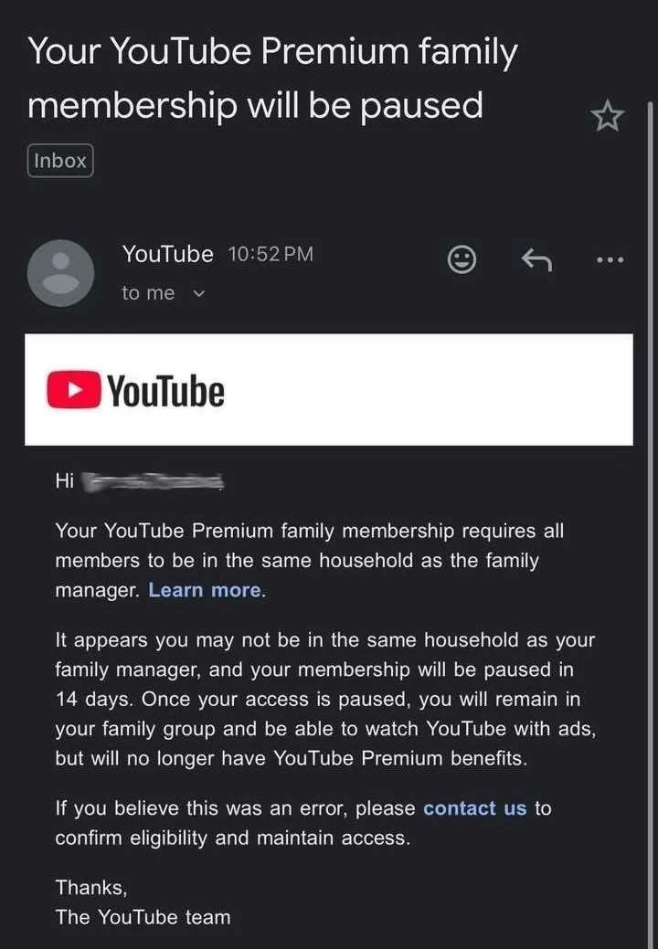 TechWiser's tweet image. The ONGOING YouTube Premium Controversy!
Users got email stating the family must stay under same household to use YT Premium. We confirmed with Google support, and they confirm that the "family members" should stay under same household.