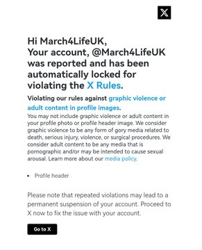 LifeNews.com (@lifenewshq) on Twitter photo BREAKING: X has suspended the <a href="/March4LifeUK/">March4LifeUK</a> account just days before the annual UK March for Life.
It says that a picture of an unborn baby is "graphic violence."
That's absurd.
h/t <a href="/IsabelVSpruce/">Isabel Vaughan-Spruce</a> BREAKING: X has suspended the <a href="/March4LifeUK/">March4LifeUK</a> account just days before the annual UK March for Life.
It says that a picture of an unborn baby is "graphic violence."
That's absurd.
h/t <a href="/IsabelVSpruce/">Isabel Vaughan-Spruce</a>