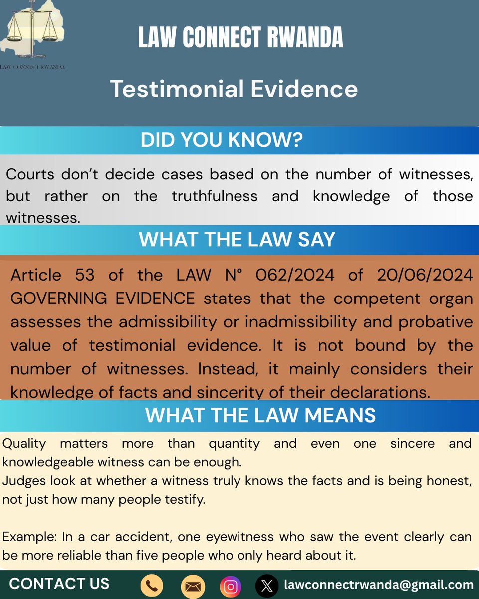 Article 53 says: In court, quality > quantity of witnesses.

⚖️ Judges care about what a witness actually knows &amp; their honesty — not the number of people testifying.

👉 One truthful witness can outweigh many doubtful ones.
#LawConnectRwanda