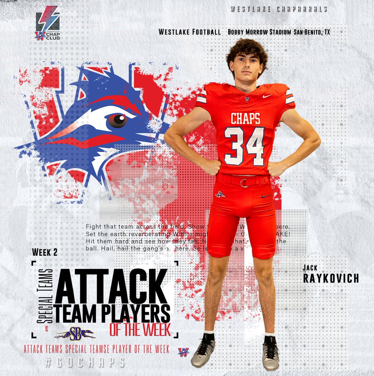 Westlake_Nation's tweet image. Shoutout to Jack Raykovich, the Attack Team Special Teams Player of the Week. 
Special teams are about hustle and Jack’s effort and execution prepared the Special Teams for the season opener. Congratulations, Jack.

#GoChaps
#WestlakeFootball
#SpecialTeams
#AttackTeam