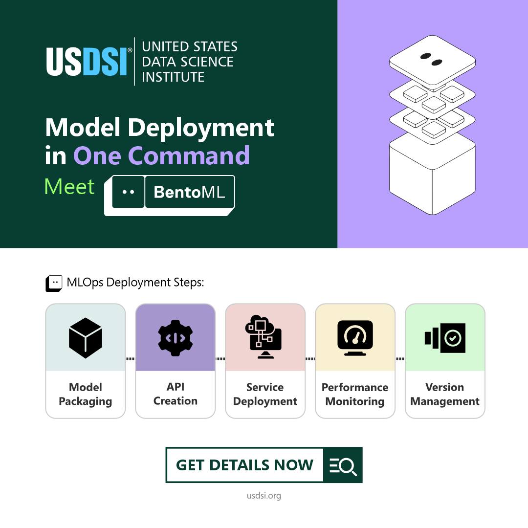 US_DSI's tweet image. Thinking about a career in #machinelearning? Don’t just train models—learn to deploy them. BentoML gives you the toolkit to master MLOps, simplify workflows, and turn cutting-edge models into real-world AI applications. Discover more bit.ly/4lTtFI3
#MLOps #BentoML #USDSI