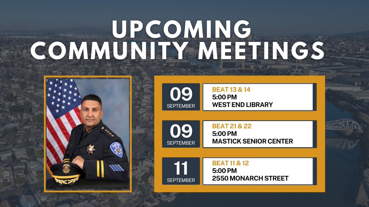 APD will host the first of its Fall Community Meetings this month:
📷 Beats 13 &amp; 14: Tuesday, September 9 at 5:00 PM
📷 Beats 21 &amp; 22: Tuesday, September 9 at 5:00 PM
📷 Beats 11 &amp; 12: Thursday, September 11 at 5:00 PM
For future meetings, please visit: alamedaca.gov/.../Crime-Acti…
