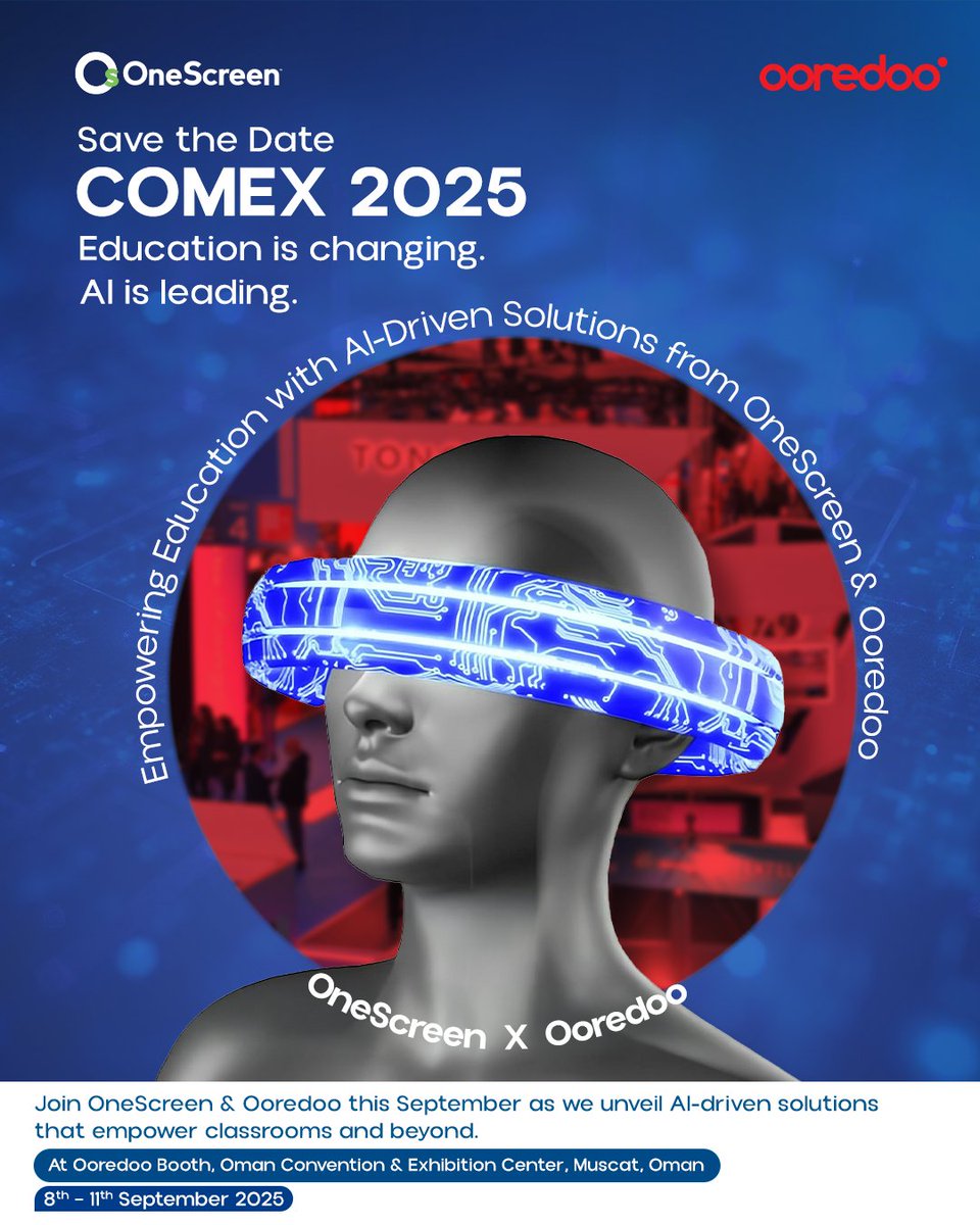 OneScreen_MEA's tweet image. We’re at #COMEX_2025 with Ooredoo! 
📍 At Ooredoo Booth, Oman Convention &amp;amp; Exhibition Center,
Muscat, Oman
📅 Sept 8–11
Discover AI-powered solutions shaping education &amp;amp; business 
#OneScreen #Ooredoo #COMEX2025 #AI