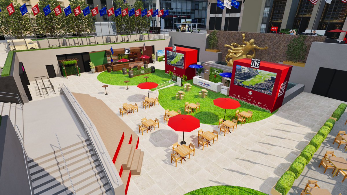 Here's a first look at what Rockefeller Center will look like in New York City when the PGA of America turns the center plaza and rink into "Ryder Cup Live" Sept. 25–28.

⛳️ Matches live on big screens
⛳️ Toptracer virtual first tee experience
⛳️ Ralph Lauren &amp; Swag shops