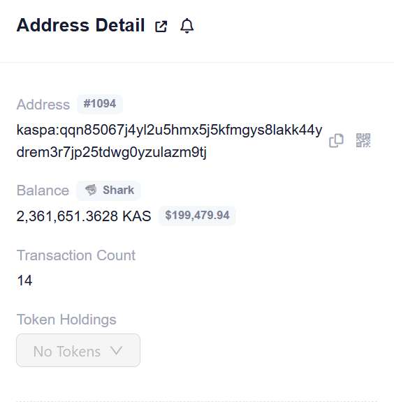 🌟DEX.cc Treasury Update🌟
Kaspa Kaspa Wherever You Are~
Found 308K of You #Kaspa  today,
Now stand at 2.36 Million $KAS
Pushing to 3M..

Treasury Address:
kaspa:qqn85067j4yl2u5hmx5j5kfmgys8lakk44ydrem3r7jp25tdwg0yzulazm9tj

#Kaspa #DEXcc #CryptoTrading