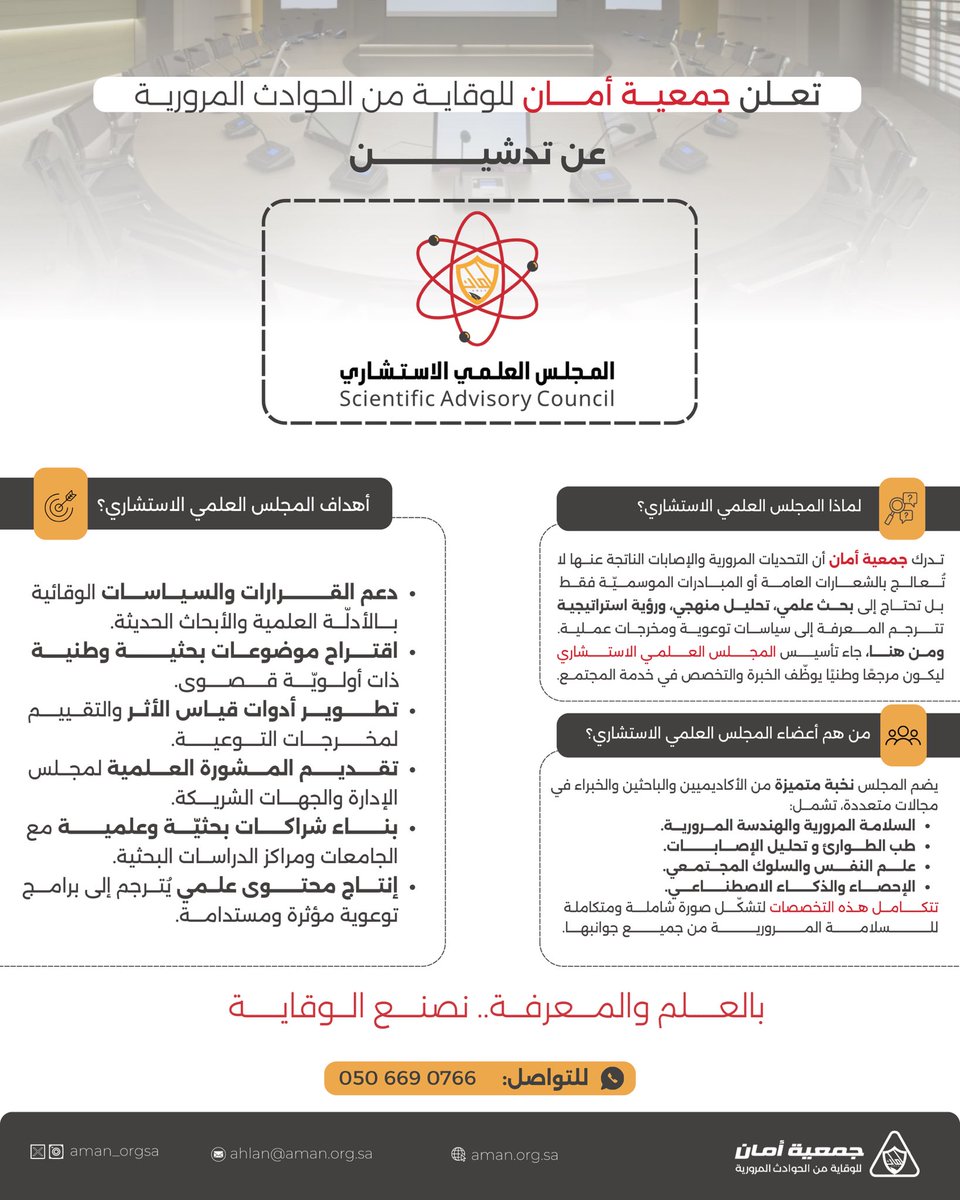 🎯 تدشين علمي بخطى واثقــة
تعلن #جمعية_أمان عــن إطلاق 
[ المجلس العلمي الاستشاري ] 
بقيادة نخبة من الأكاديميين والخبراء في الهندسة والصحة والوقاية من الإصابات.
مجلس يُترجم المعرفة إلى أثر، ويُعزز السلامة المرورية بالتحليل والتقويم والبحث العلمي.

📊 العلم يصنع الوقاية