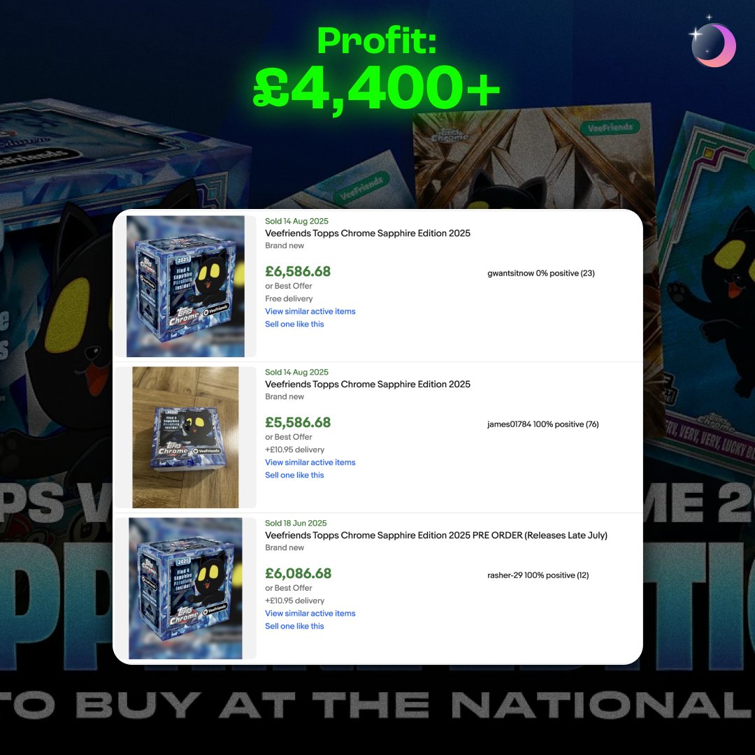 Our members locked in the VeeFriends Topps Chrome Sapphire Edition at retail for £1,600… and flipped it for £6,000+.

That’s over £4,400 profit on a single box. 📦💎

This is what happens when you’re in the right place at the right time — and why our community never misses.