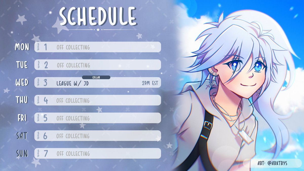 Just a League stream this week! I gotta catch up on bullet journal off stream and restocking sticker sheets! Then hopefully we'll be back on track and tackling more projects next week ^^"

#ENVtubers #VTuberUprising #schedule