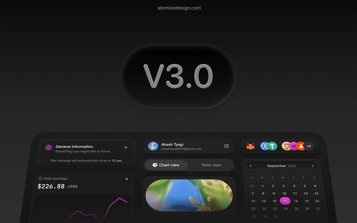 atomize_design's tweet image. Here’s what’s coming in Atomize V3.0 ✨
🌈 All-new variable system for multi-theme setups
🎛️ Rebuilt component library with a refreshed, modern aesthetic
📱 Mobile components + screen examples
🪩 All-new icon library
Preview → bit.ly/atomize_preview