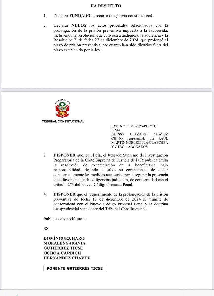 Fundado el Habeas Corpus ante el Tribunal Constitucional y ordena excarcelación de Betssy  Chávez