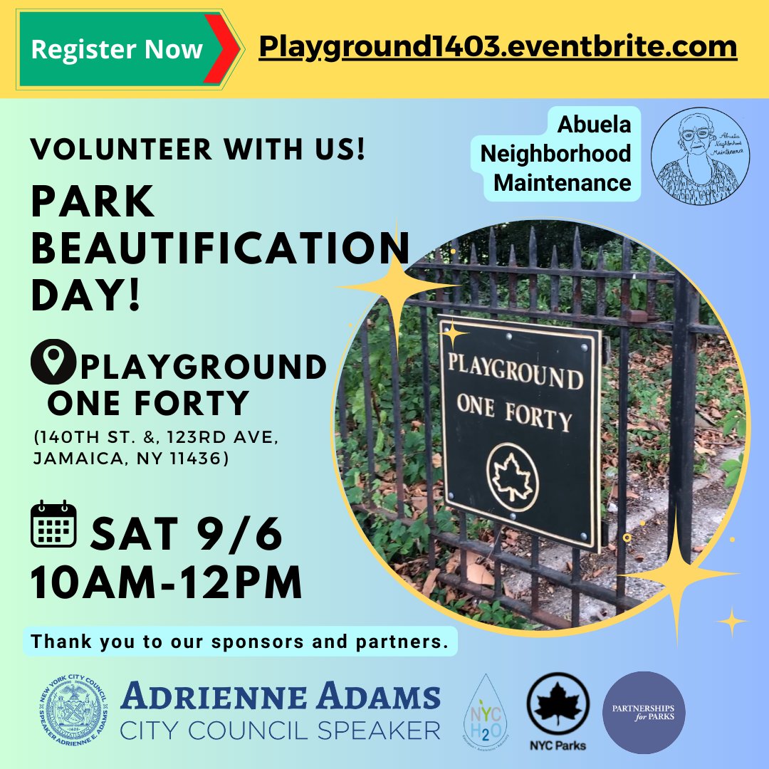 Our partners at Abuela Neighborhood Maintenance are a Park Beautification Day this Saturday! Be sure to sign up to help keep your community clean and safe 💪

Volunteer here: Playground1403.eventbrite.com/?aff=cd28