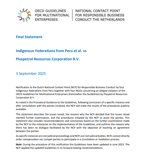 #URGENTE 🚨En su declaración final, difundida esta mañana, la <a href="/OECD/">OECD ➡️ Better Policies for Better Lives</a> concluyó que #Pluspetrol vulneró derechos humanos y contaminó territorios indígenas en la Amazonía peruana durante sus operaciones en el Lote 1AB (hoy 192). 🧵