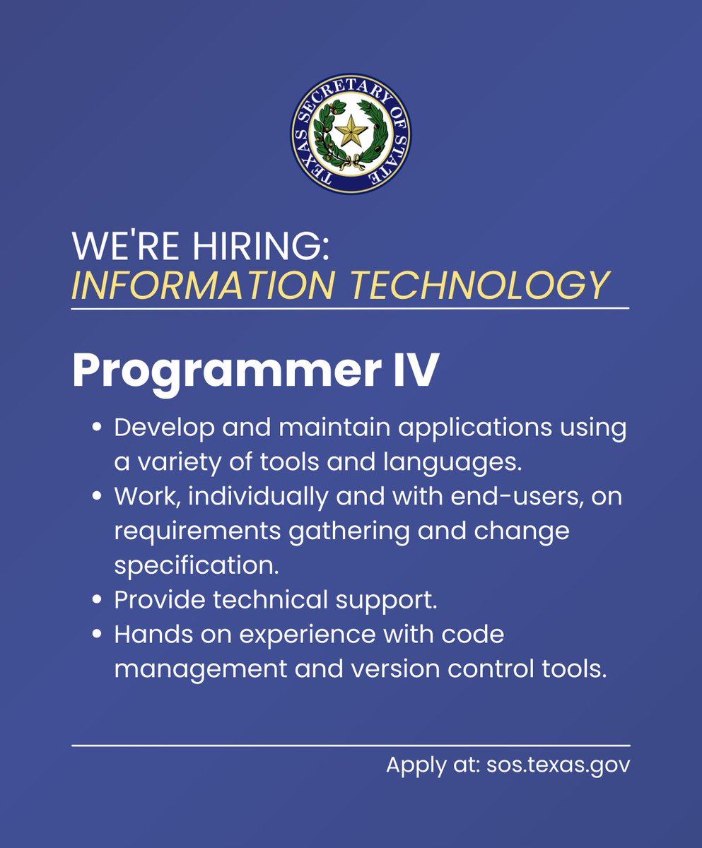 The Office of the Texas Secretary of State is accepting applications for a programmer position on our IT team! Visit the link below to apply or learn more information about this role. 

bit.ly/4klTDTQ