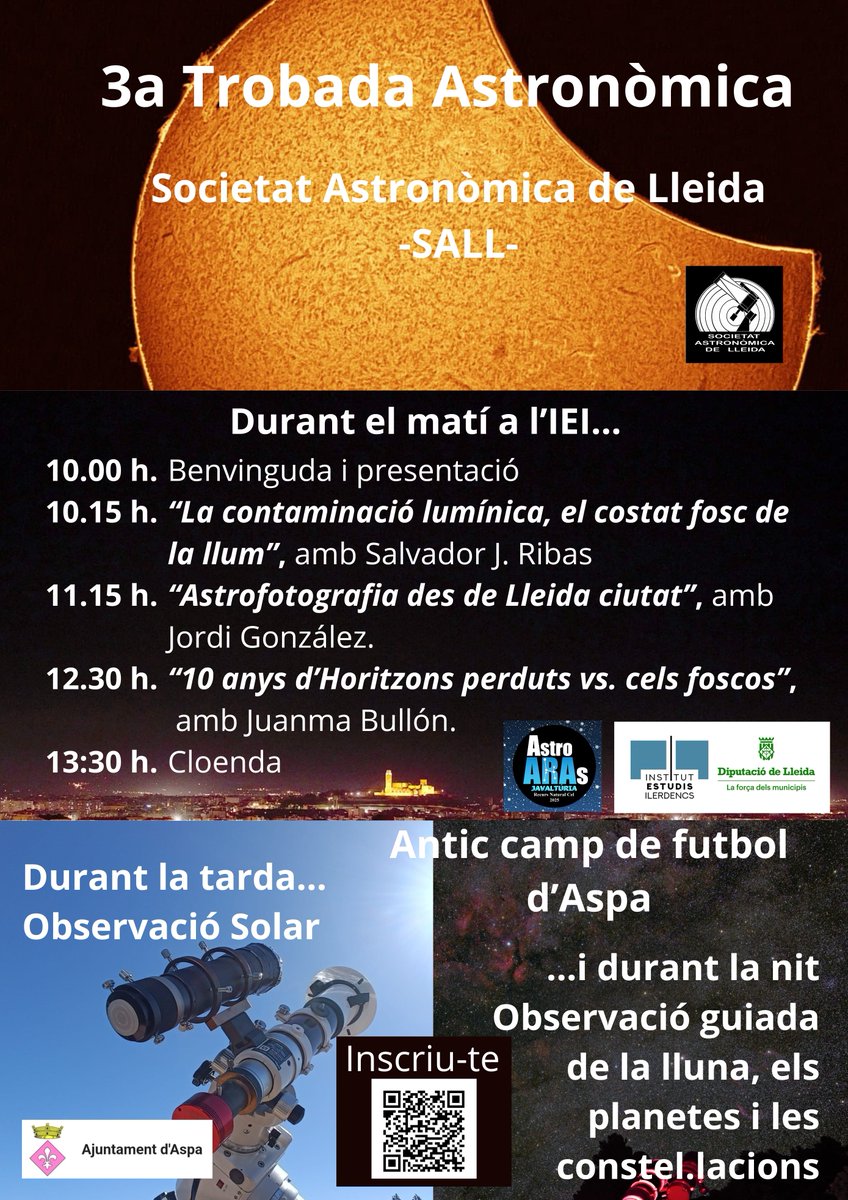 astrolleida's tweet photo. Vine a gaudir del cel a la 3a Trobada Astronòmica! 🌌

El 20 de setembre, la Societat Astronòmica de Lleida (SALL) organitza una jornada plena d’astronomia a Aspa i a l'Institut d'Estudis Ilerdencs @ieilleida.Apunta’t escanejant el codi QR o visita el nostre web (Link a la bio). https://t.co/F4qNBcJatX