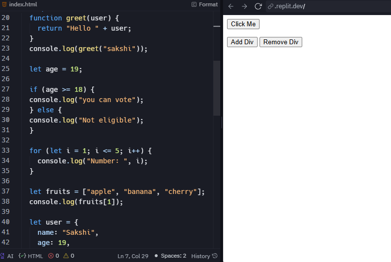 Sakshi1145's tweet image. Practicing JS DOM click button, add remove div, update text 💻 #JavaScript #CodingPractice #DevLife #CodeNewbie #100DaysOfCode