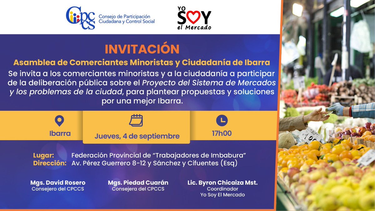Participa Ecuador (@cpccsec) on Twitter photo Este jueves 4 de septiembre acompañaremos a los comerciantes minoristas de Ibarra para deliberar sobre el proyecto del sistema de mercados y plantear sus propuestas.
<a href="/davidroserow/">David Rosero</a>
<a href="/PiedadCuaranR/">Piedad Cuaran Rosero</a> Este jueves 4 de septiembre acompañaremos a los comerciantes minoristas de Ibarra para deliberar sobre el proyecto del sistema de mercados y plantear sus propuestas.
<a href="/davidroserow/">David Rosero</a>
<a href="/PiedadCuaranR/">Piedad Cuaran Rosero</a>