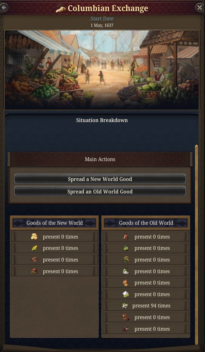 nekotei_m's tweet image. #EU5 #ProjectCaesar
開発日記 第79回はコロンブス交換と植民地革命について
forum.paradoxplaza.com/forum/develope…

◎シチュエーション「コロンブス交換」
（注：歴史用語としてのコロンブス交換は物だけでなく人や疫病、思想などの交換を幅広く含む概念だが、ゲームでは産物のみを扱うシチュエーションとなる）…