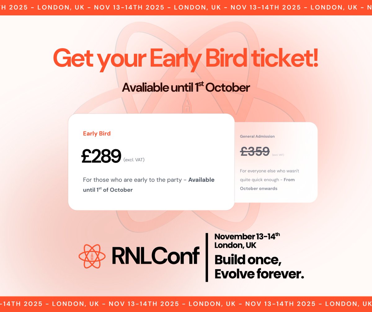 RNLConf's tweet image. Grab your Early Bird tickets now! 🐦
🎟️ Discounted tickets are limited and only available until October 1st - grab them before they increase in price (or sell out)!
💷 By purchasing an early bird ticket, you save £70 compared to a regular ticket!