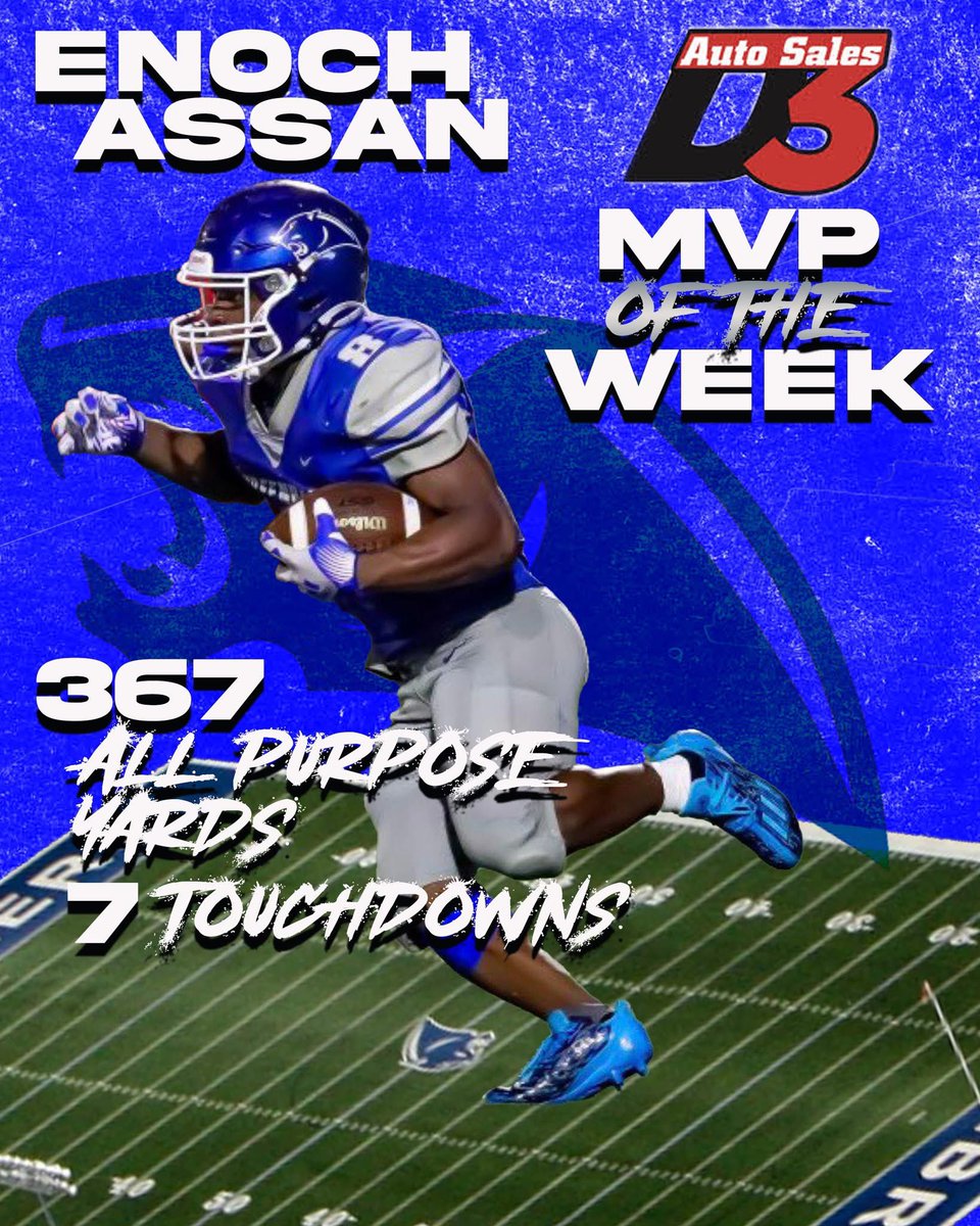 Congratulations to <a href="/EnochAssan7/">Enoch Assan</a> of Greenbrier for winning the D3 Auto Sales MVP of the Week with his performance in the Panthers 57-32 win versus Warren. Assan is considered a top contender for the D3 Auto Sales MVP at the end of the season!  Congratulations Enoch!