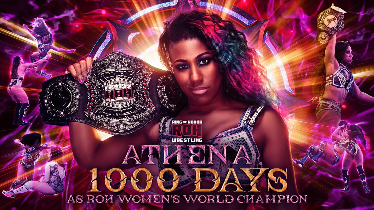 ROH - Ring of Honor Wrestling (@ringofhonor) on Twitter photo Today, <a href="/AthenaPalmer_FG/">Athena is ROH & All Elite!</a> celebrates 1000 days as the #ROH Women’s World Champion, the longest reign of any champion in Ring of Honor history!
RT with your celebrations and congratulations in the comments! Today, <a href="/AthenaPalmer_FG/">Athena is ROH & All Elite!</a> celebrates 1000 days as the #ROH Women’s World Champion, the longest reign of any champion in Ring of Honor history!
RT with your celebrations and congratulations in the comments!