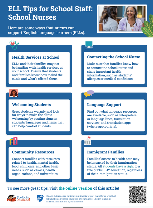 New! Tips for School Nurses: Supporting ELLs and ELL Families

This article includes helpful tips, a tip sheet, and a free slide deck for turnkey training.

colorincolorado.org/article/tips-s…