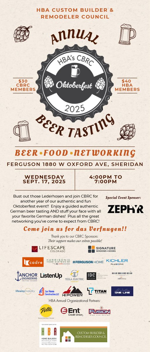 Bust out those Lederhosen and join CBRC for another year of our authentic and fun Oktoberfest event! Enjoy a guided authentic German beer tasting and stuff your face with all your favorite German dishes! #HBAHereForGood
RSVP: business.hbadenver.com/events/details…