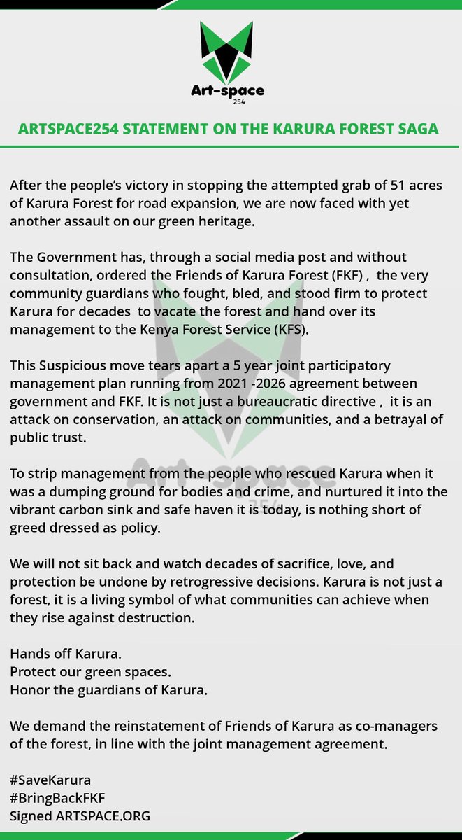 Artspace official statement on the Karura Forest standoff between <a href="/KeForestService/">Kenya Forest Service</a> and <a href="/karurafriends/">Friends of Karura</a> 

#SaveKarura #TarmacHereNotKarura  #ProtectKarura