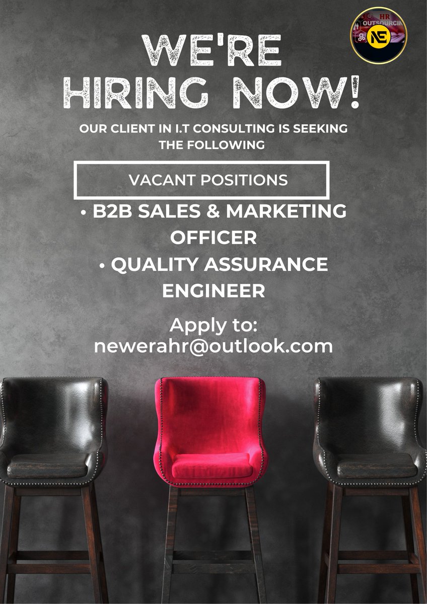ayquad's tweet image. Vacancy

• QA Engineer (Min. 2 years) 
• B2B Sales &amp;amp; Marketing Officer (Min. 2 years) 

• Location: Lekki
• Hybrid work model
• 250k - 300k (Negotiable) 
• A Female is preferred for the B2B Sales/Marketing Officer
Company: An IT Consulting Firm

Apply: newerahr@outlook.com