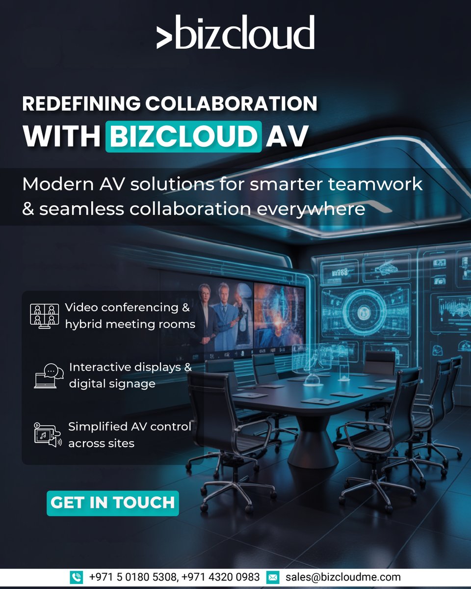 bizclouditllc's tweet image. Redefine the way you collaborate with #Bizcloud AV 🚀 From video conferencing &amp;amp; hybrid meeting rooms to interactive displays &amp;amp; simplified AV control — smarter teamwork starts here. 🌐

📩 sales@bizcloudme.com | 📞 +971 5 0180 5308
#AVSolutions #SmartCollaboration #HybridWork