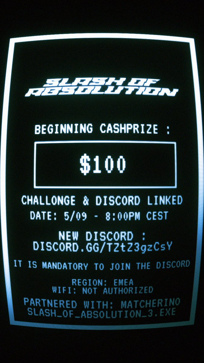 Slash of Absolution #3

NEW ! Discord (mandatory) : discord.gg/TZtZ3gzCsY
Challonge : challonge.com/slashofabsolut…
Twitch : twitch.tv/rqmtv/

Open to EMEA !
#RequiWin #SlashofAbsolution