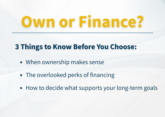 Trying to decide whether to own or finance your next piece of equipment?

You're not alone and the right answer depends on your goals. We break down things to know before you choose in our blog post!

Read the full blog here:
hubs.la/Q03GggB70