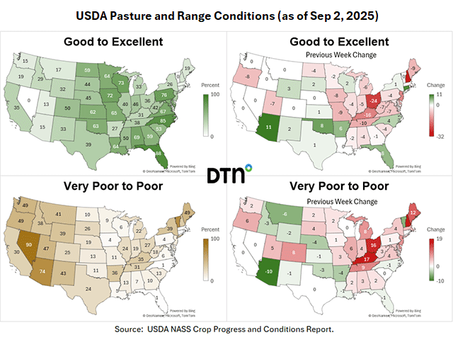Drier weather in the Midwest and into the eastern states has led to depleting pasture and range conditions, but the central part of the country continues to hold excellent ratings.

Livestock Editor <a href="/JennCattleGal/">Jennifer Carrico</a> reports: dtn.link/23vpr0