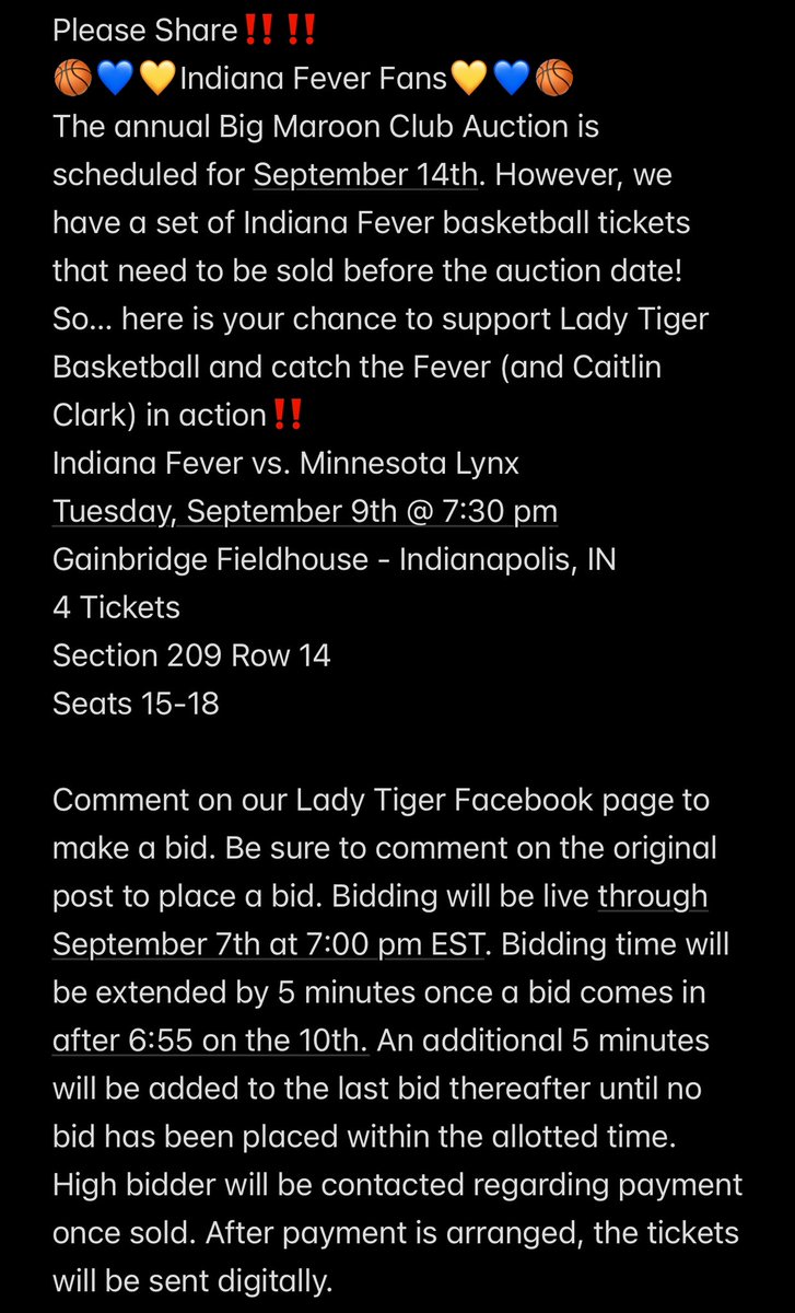 🏀💙💛Indiana Fever Fans💛💙🏀
The annual Big Maroon Club Auction is scheduled for September 14th. However, we have a set of Indiana Fever 🏀 tickets that need to be sold before the auction date! Bids should be made on the CU Lady Tiger Basketball Facebook page.