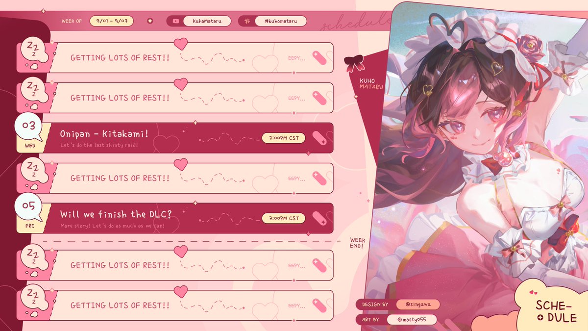 Posted a little late but here’s this week’s schedule! I’ve been really enjoying streaming Pokemon and I hope I’ve still kept it as entertaining as possible for you guys! Let’s push through more of the story together~