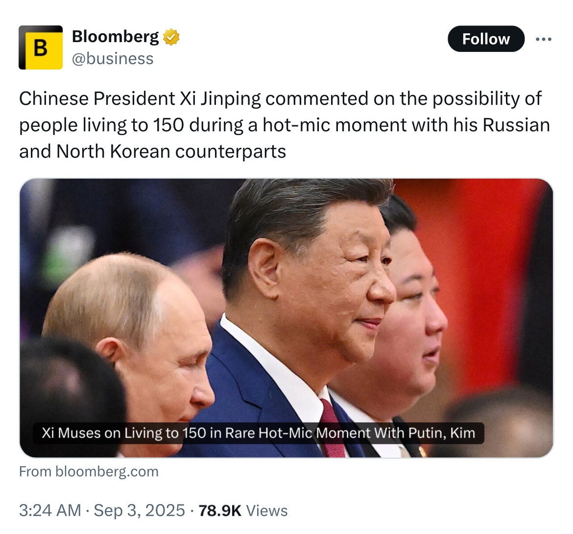 DrLiMengYAN1's tweet photo. ‼️BREAKING: Our exclusive exposure about “Xi’s 150-yr old” plan is verified now! 
Here is our whistleblowing back to Jan 3, 2022 Vs Xi’s words to Putin during 9.3 parade:
✴️(Jan 3, 2022 Lude Press)
Xi is currently seeking to live another 500 years, according to our sources around Xi. 
* Harvard's developed elixir of immortality can extend lifespan to 150 years, filling Xi with hope. 
* Xi’s Taoist priest Ren Farong （任法融, former president of the World Religious Peace Association & president of the Chinese Taoist College）specifically consulted Pan Shiyi (潘石屹 Chinese billionaire, co-founder of SOHO China）about the effects after trying this drug.
* The centenarians at PLA 301 Hospital are also helping Xi test the drug.
* That’s why Xi Does Not Appoint a Successor: Advocating for appointing a successor is considered to have ulterior motives.
• Clip: https://t.co/ETr7GnKVfv
🆚Ahead of the military parade in Beijing on Wed marking the 80th anniversary of the victory in WW II, Putin & Xi Jinping walked together toward the Tiananmen Rostrum. Public footage provided by official media appears to have inadvertently captured the two discussing matters related to lifespan.
* Putin’s translator: "Biotechnology is continuously developing, human organs can be continuously transplanted. The longer you live, the younger you become, and (you can) even achieve immortality."
* In response, Xi, who was off camera, can be heard responding in Chinese, "Some predict that in this century humans may live to 150 years old."
* Kim was smiling and looking in the direction of Putin and Xi.