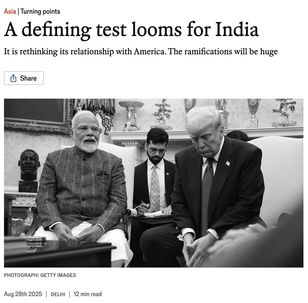 "'India’s fundamental response to Trump’s tariffs shld be to unleash a fresh dose of econ reforms,' writes <a href="/acorn/">Nitin Pai</a> of the Takshashila Institution...Ms Madan..agrees: 'You can demand status; you can expect status; but the things that will give you status are growth &amp; capabilities'"