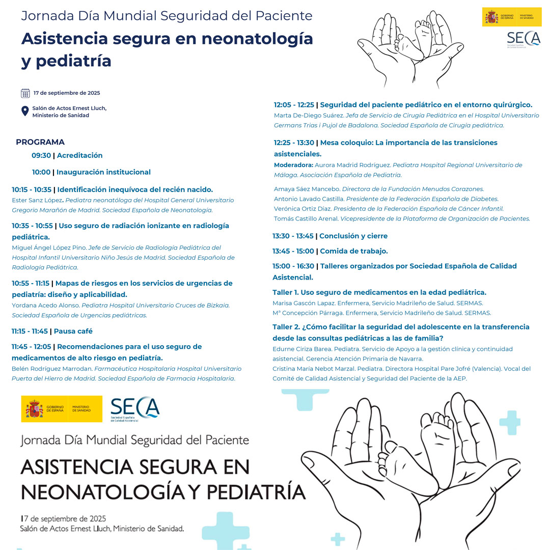 📢 El 17 de septiembre en Madrid celebramos la Jornada para el Día Mundial de la #SeguridadPaciente 
 Consulta el programa e inscríbete gratuitamente aquí 👇
📝 bit.ly/4p13Toh
<a href="/sanidadgob/">Ministerio de Sanidad</a> 
#SegPac #WorldPatientSafetyDay