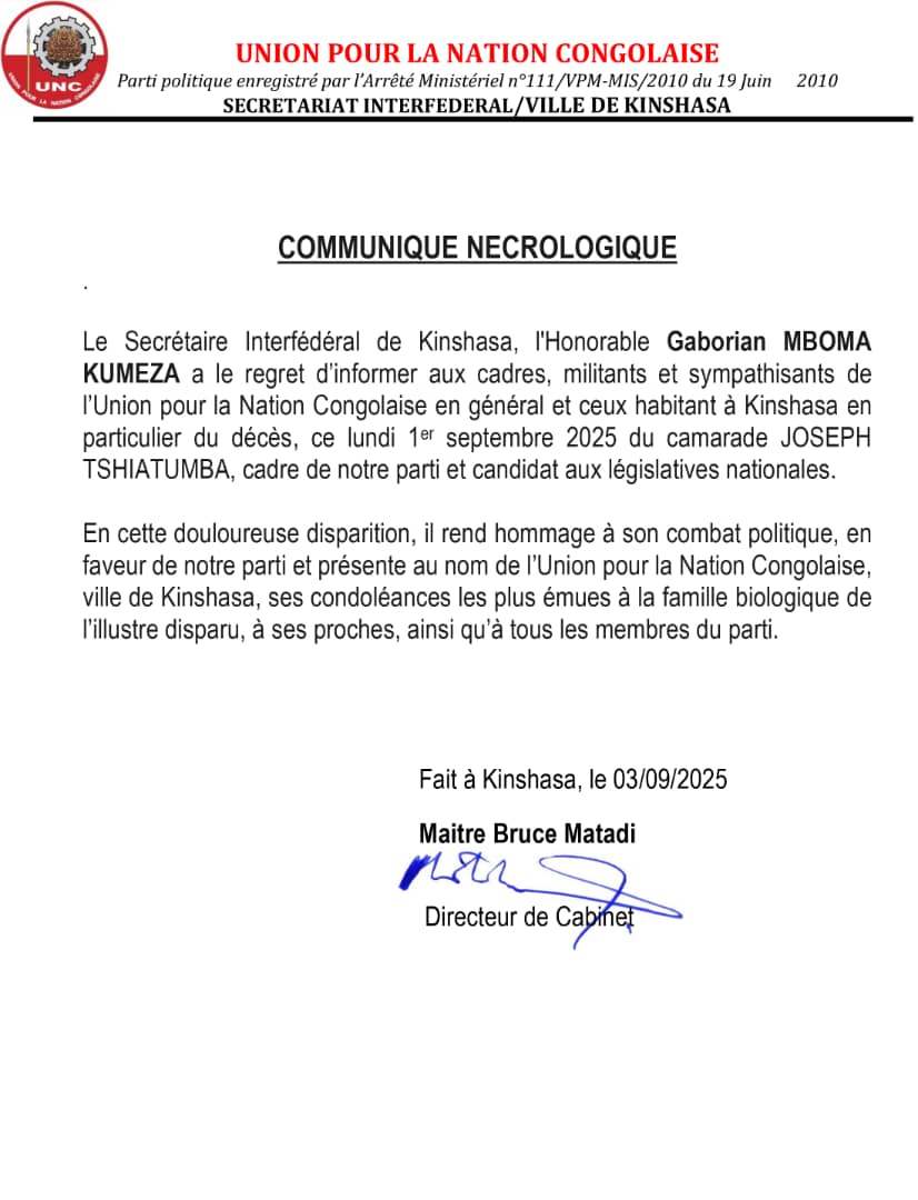 BanaTshang26926's tweet photo. 🛑 #Flash_Info le SIF de Kinshasa, l'hon @GaborienM a le regret d'informer aux cadres, militants et sympathisants de l'@uncrdc du décès de Joseph Tshatumba, cadre et candidat Député National aux élect° passées @VitalKamerhe1 @MichelMoto1 @BillyKambale1 @Bibishe6 @GradignanK18079 https://t.co/qxcCNPdB8w