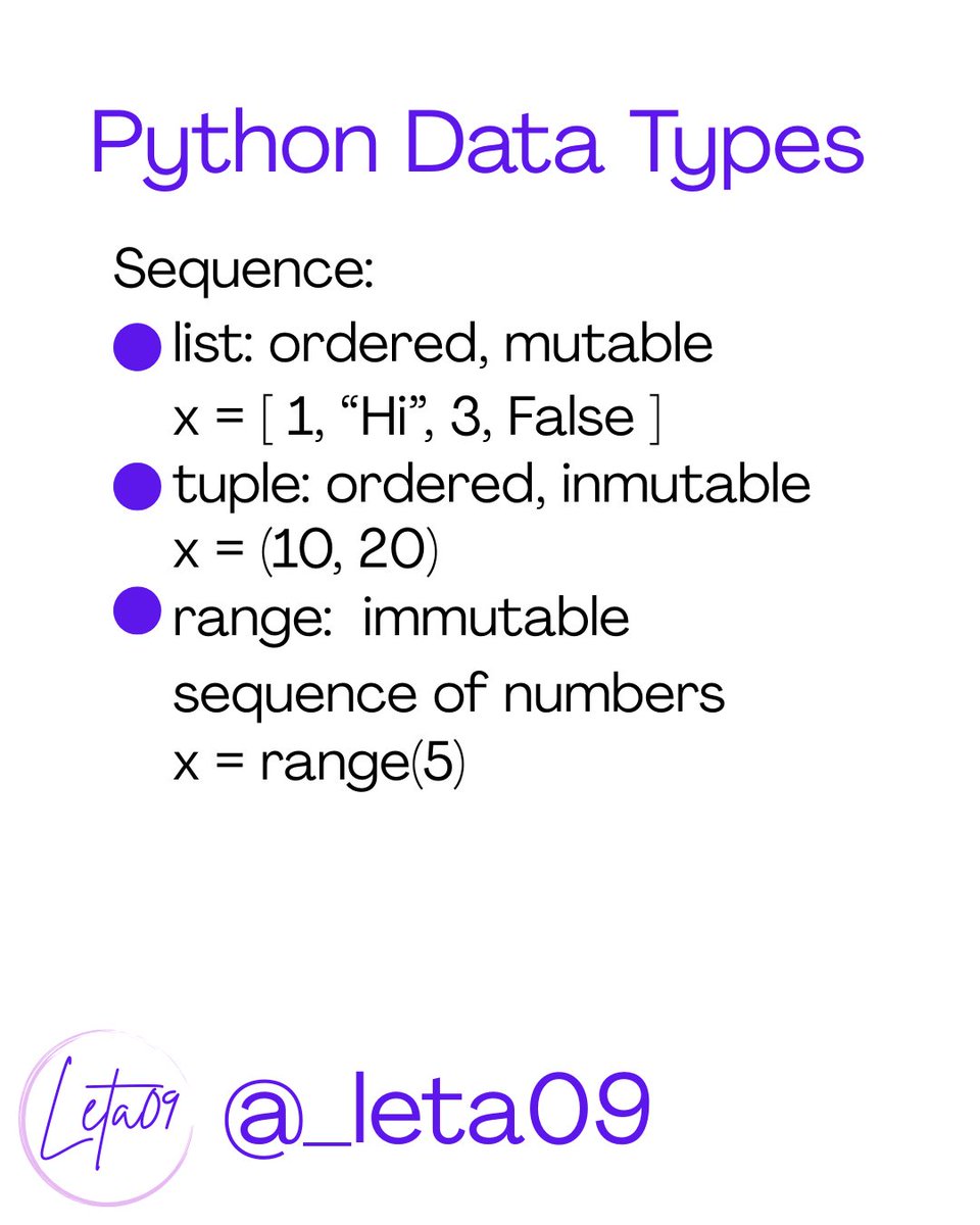 _leta09's tweet image. 🐍✨ Dive into the world of Python data types! 🎉 Whether you're a beginner or a pro, understanding these building blocks is essential for coding success.💻💡 #Python #DataTypes #PythonDataTypes #DevCommunity #SoftwareDevelopment #PythonCoding #PythonDev #PythonDeveloper