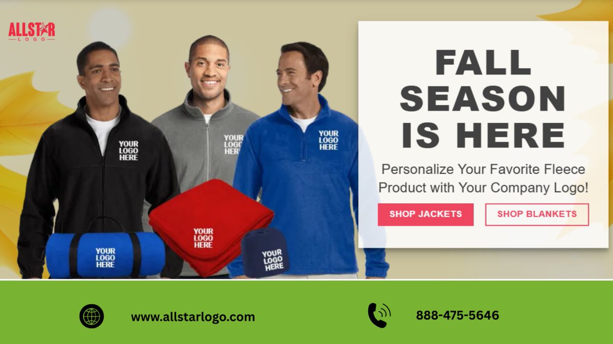 AllStarLogo's tweet photo. Fall Season is here! 🍂 
 
Get ready for the cooler weather by personalizing your favorite fleece jackets and blankets with your company logo. Shop our collection and stay warm in style!

Visit now at https://t.co/xDl2f1MynM
#FallFashion #CompanySwag #BrandedMerch #CustomLogo https://t.co/OW7Jt2vpV7