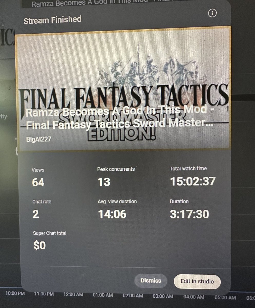 I had the most successful stream this morning finishing a FFT mod where everyone is a sword saint. 

I was speechless at the massive support my mod videos have been getting, let’s keep this energy going!