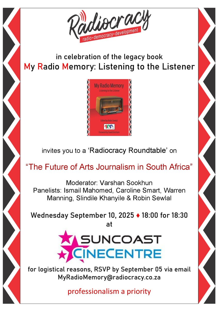 RobinSewlal's tweet photo. This critical forum takes place in a week's time in #Durban #SouthAfrica #MyRadioMemory #Radio100SouthAfrica #RadiocracyGold https://t.co/QX4y6c1vvK