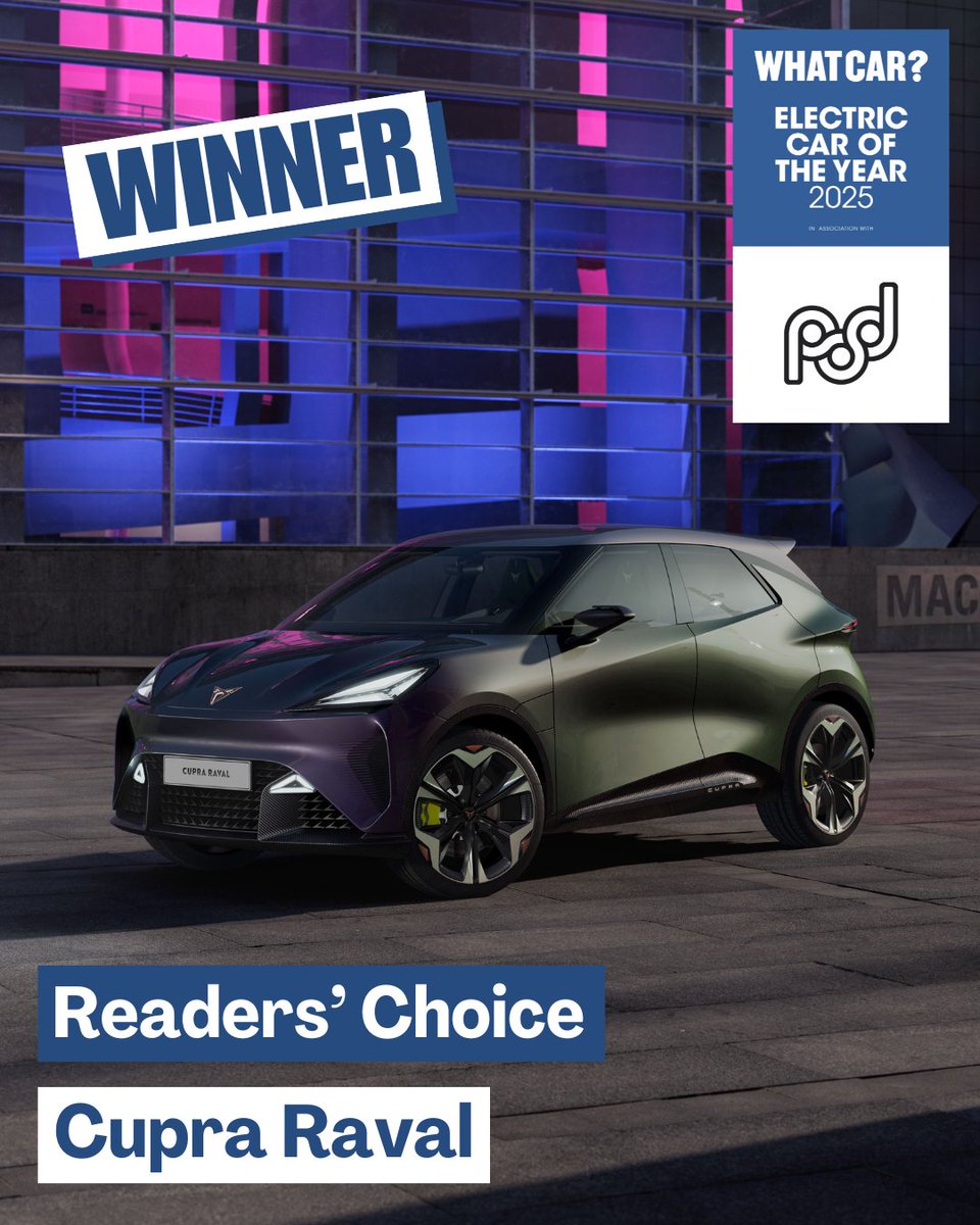 Time for something a little different: the Reader Award⚡️

We asked you to vote for the upcoming electric car that you’re most excited about seeing in showrooms. Our winner beat 13 other contenders in our online poll 🤩

It’s the <a href="/CUPRA_UK/">CUPRA UK</a> Raval!  🎉🎊

#WhatCarAwards